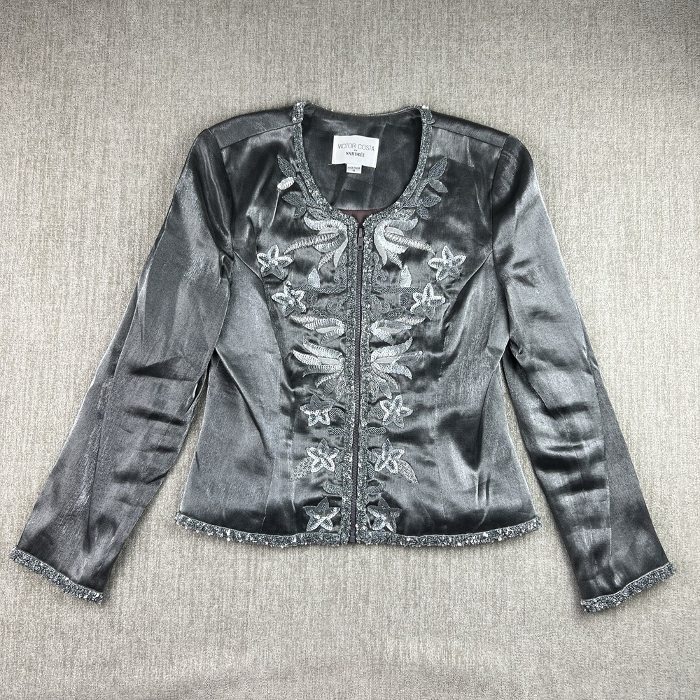 Victor Costa Sequined Jacket Full Zip Women's Size 10 Metallic Gray Floral‎
